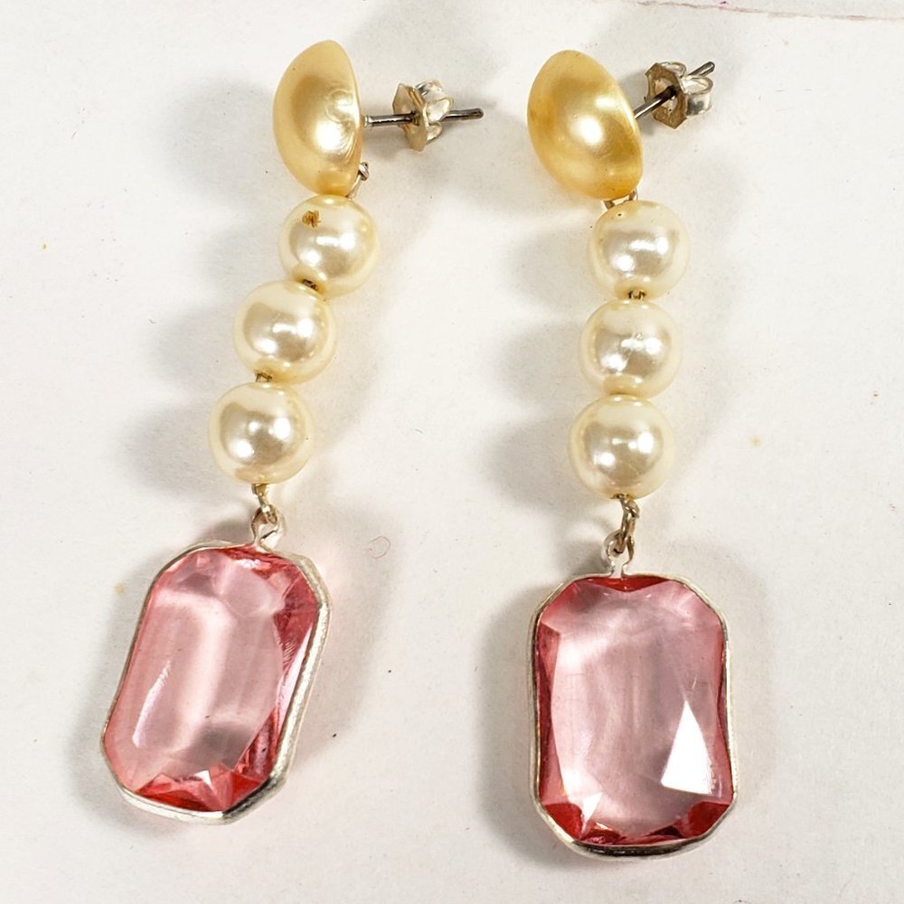 Off-White Bead Rectangular Shape Pink Stone Post Drop Dangle Earrings - Women